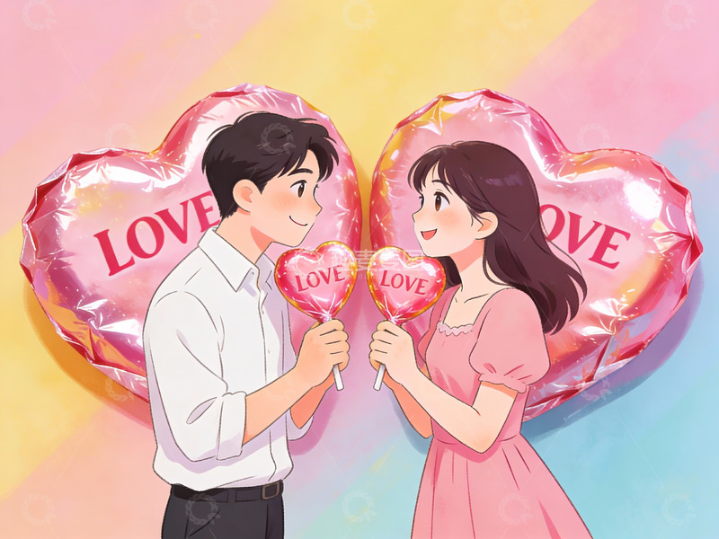 高清大图下载【趣麦麦图】情侣手持爱心气球甜蜜互动