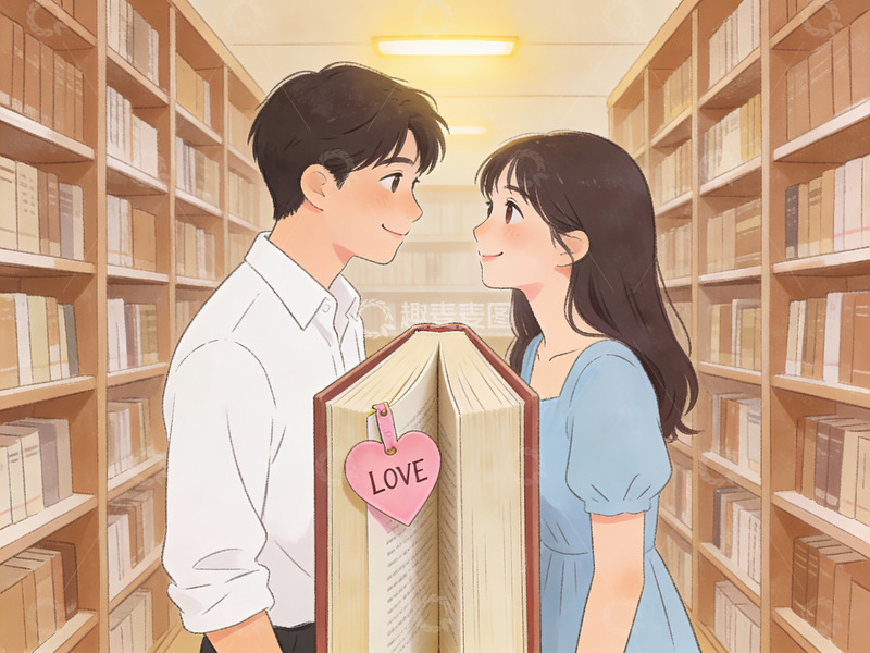 高清大图下载【趣麦麦图】图书馆中情侣共读爱情书