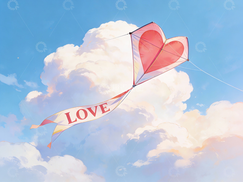 高清大图下载【趣麦麦图】心形风筝在蓝天中飞翔
