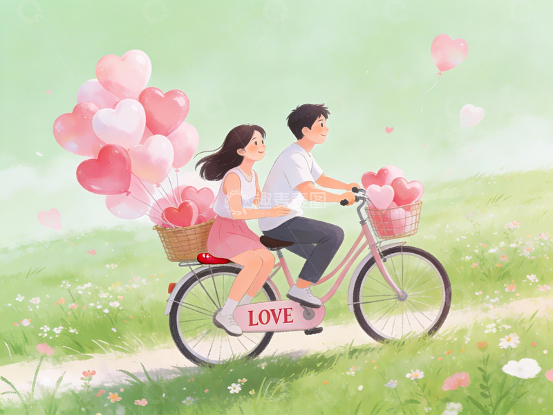 高清大图下载【趣麦麦图】情侣骑自行车赏花