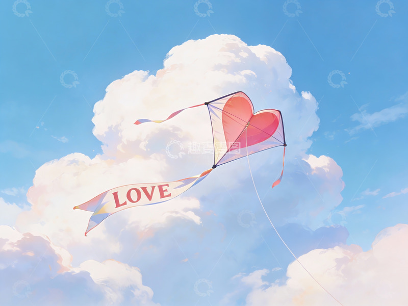 高清大图下载【趣麦麦图】心形风筝在蓝天白云中飞翔