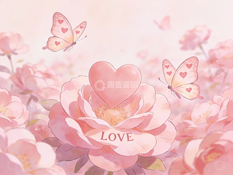 高清大图下载【趣麦麦图】粉色花丛中的爱心与蝴蝶