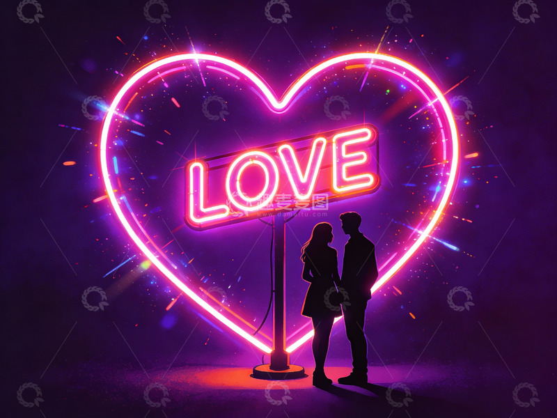 高清大图下载【趣麦麦图】情侣在霓虹心形灯前