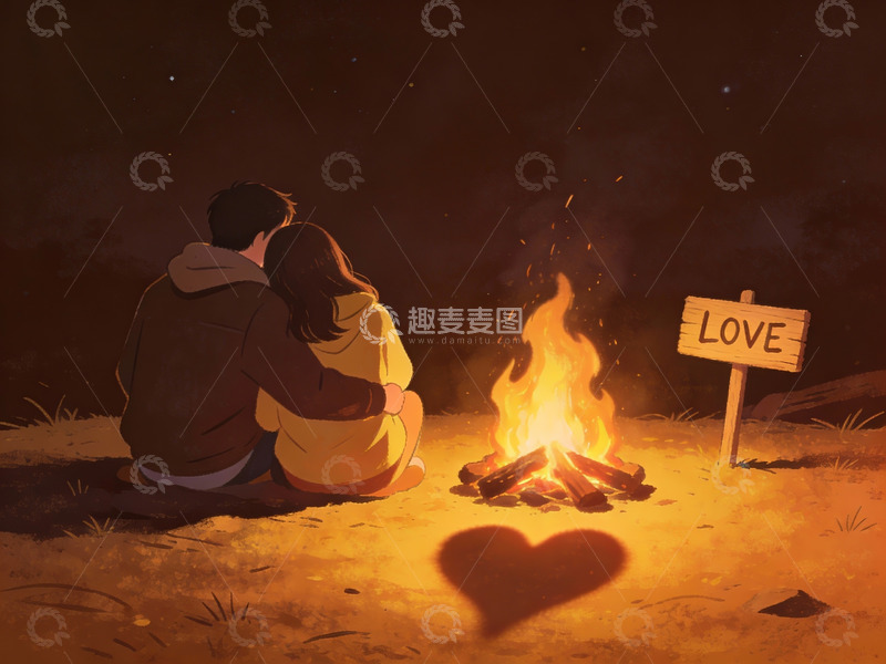 高清大图下载【趣麦麦图】情侣篝火旁相拥