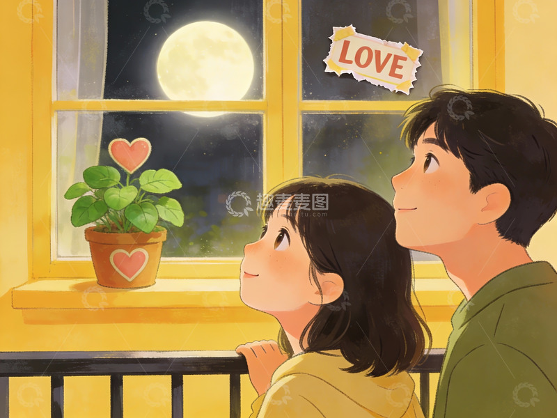 高清大图下载【趣麦麦图】月下情侣窗边共赏美景