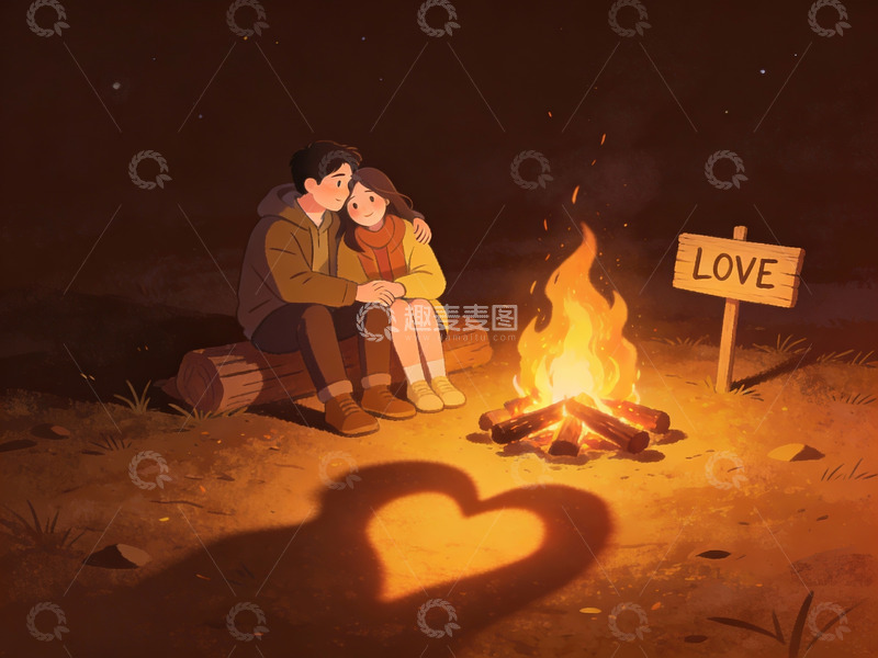 高清大图下载【趣麦麦图】情侣篝火旁相拥取暖
