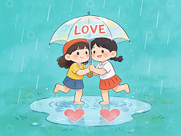 雨中撑伞的两个女孩
