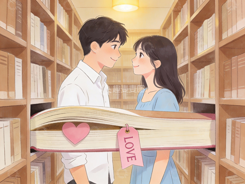 高清大图下载【趣麦麦图】图书馆中情侣共读爱情书