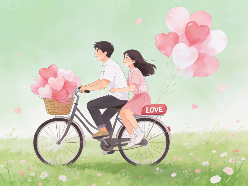 高清大图下载【趣麦麦图】情侣骑自行车赏花