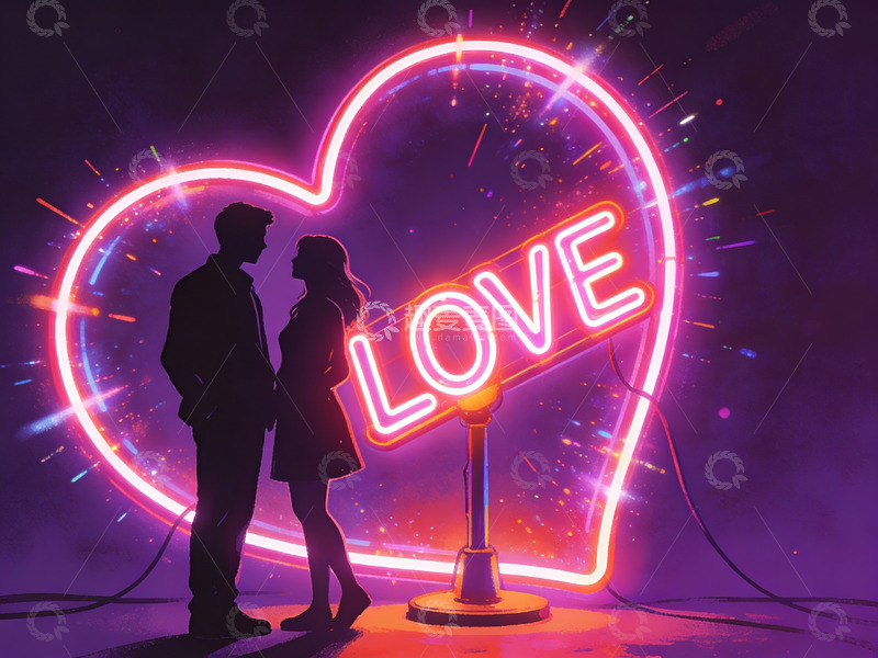 高清大图下载【趣麦麦图】情侣剪影与霓虹爱心灯