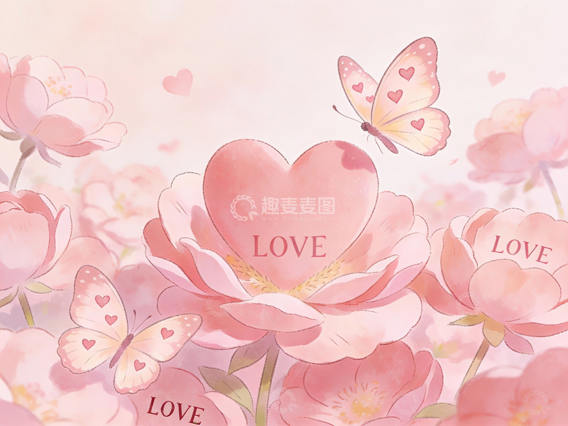 高清大图下载【趣麦麦图】粉色花朵与蝴蝶的浪漫画面