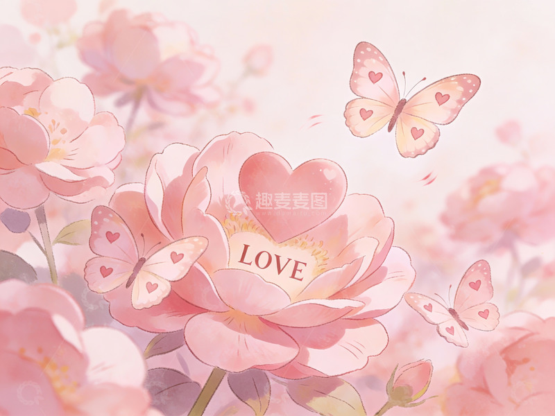 高清大图下载【趣麦麦图】粉色玫瑰与蝴蝶的浪漫画面