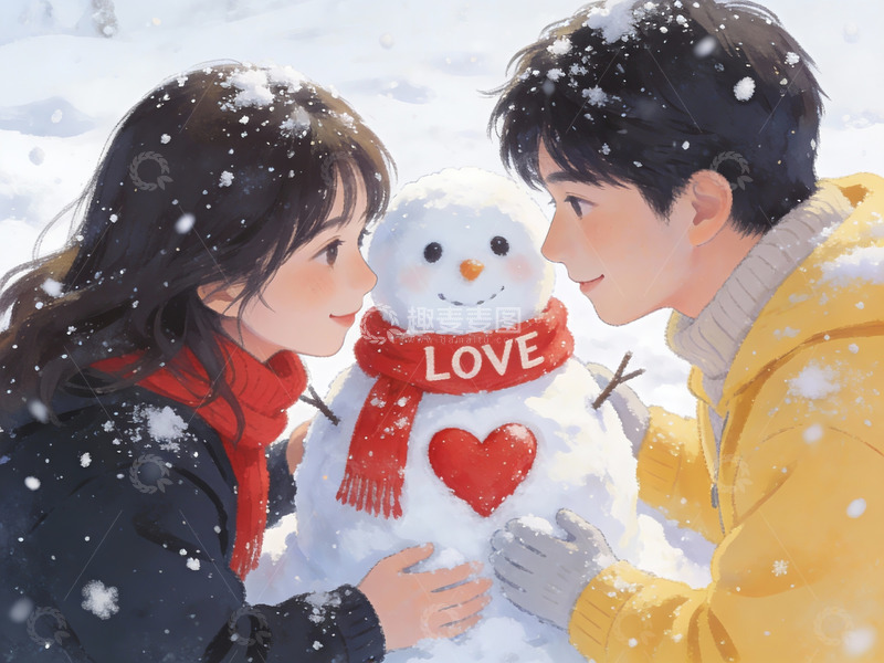 高清大图下载【趣麦麦图】雪中情侣与雪人合影