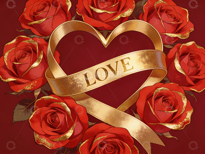 高清大图下载【趣麦麦图】红玫瑰与金色爱心装饰