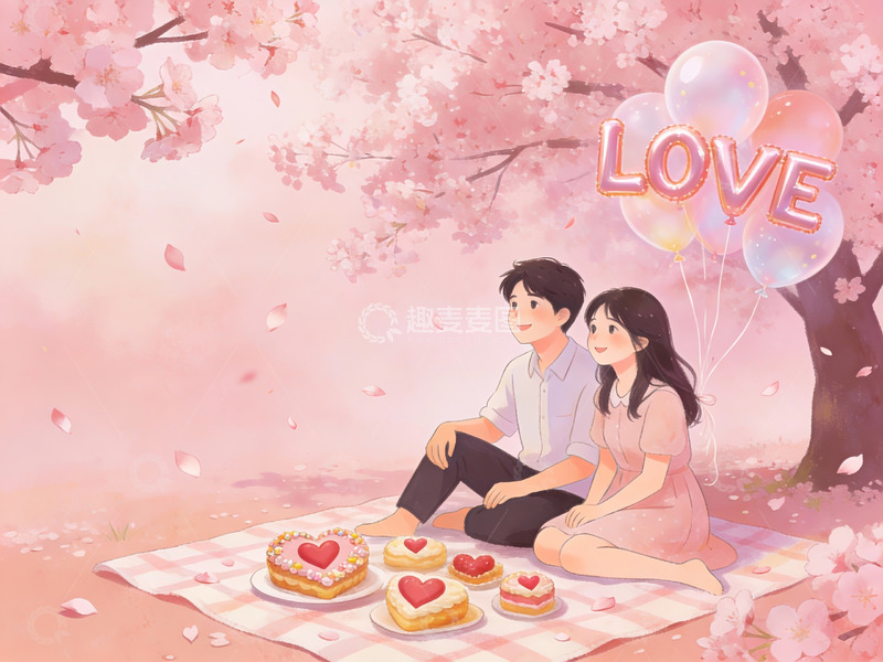 高清大图下载【趣麦麦图】樱花树下情侣野餐