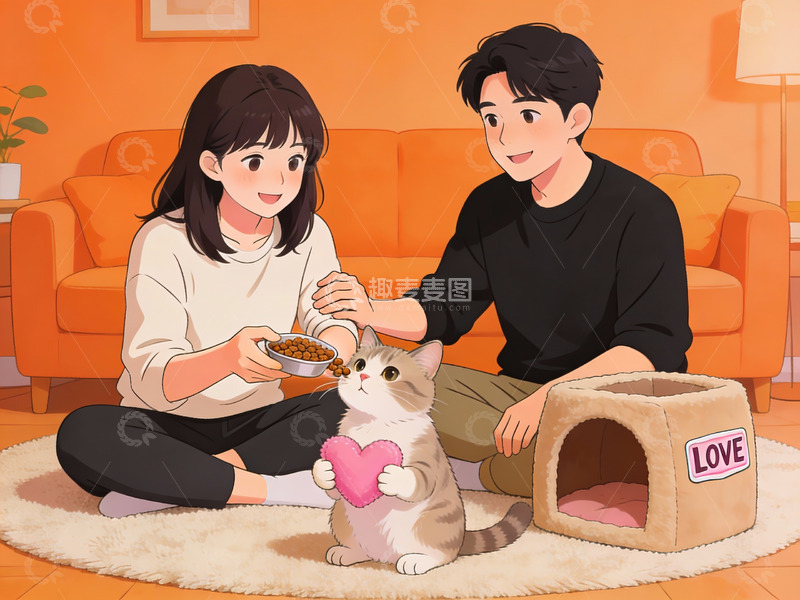 高清大图下载【趣麦麦图】情侣与猫咪温馨互动