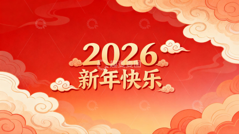 高清大图下载【趣麦麦图】2026新年快乐红色背景云纹设计