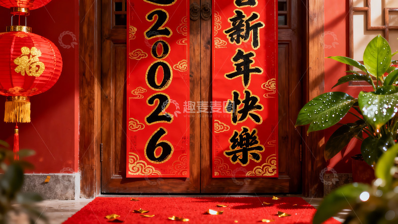 高清大图下载【趣麦麦图】春节门前红对联灯笼装饰