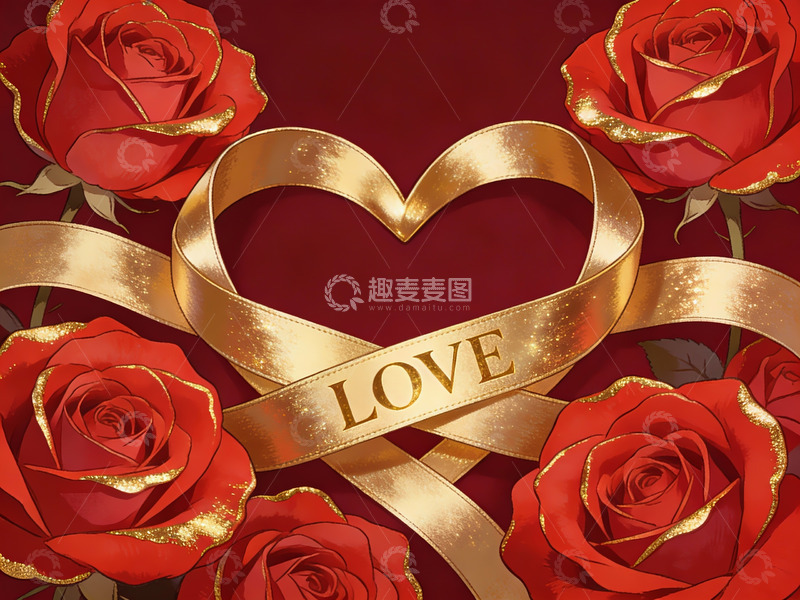 高清大图下载【趣麦麦图】金色丝带心形与红玫瑰