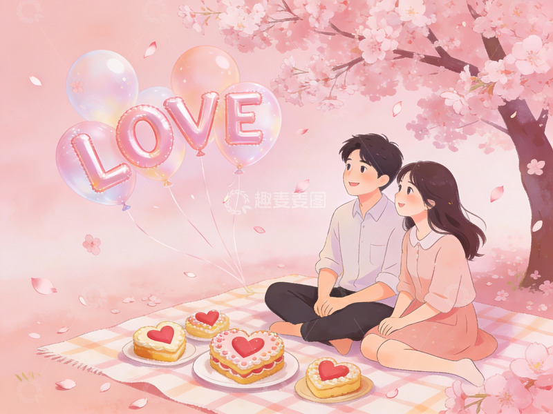 高清大图下载【趣麦麦图】情侣樱花树下野餐