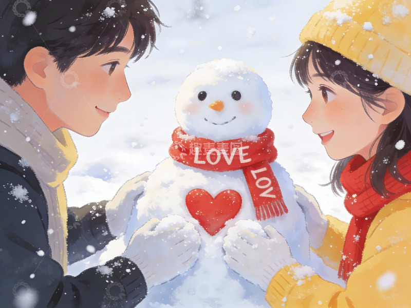 高清大图下载【趣麦麦图】雪中情侣与爱心雪人