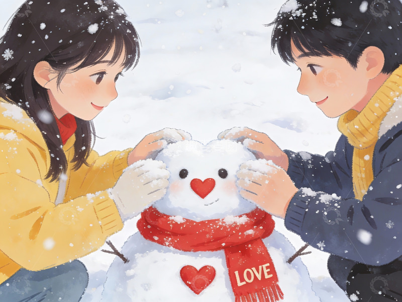 高清大图下载【趣麦麦图】情侣雪中堆雪人