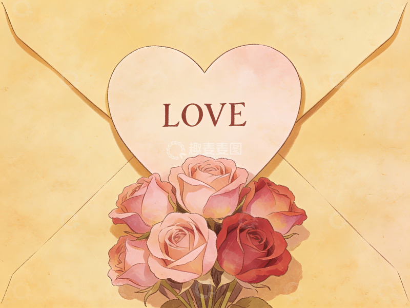 高清大图下载【趣麦麦图】心形信封与玫瑰花束