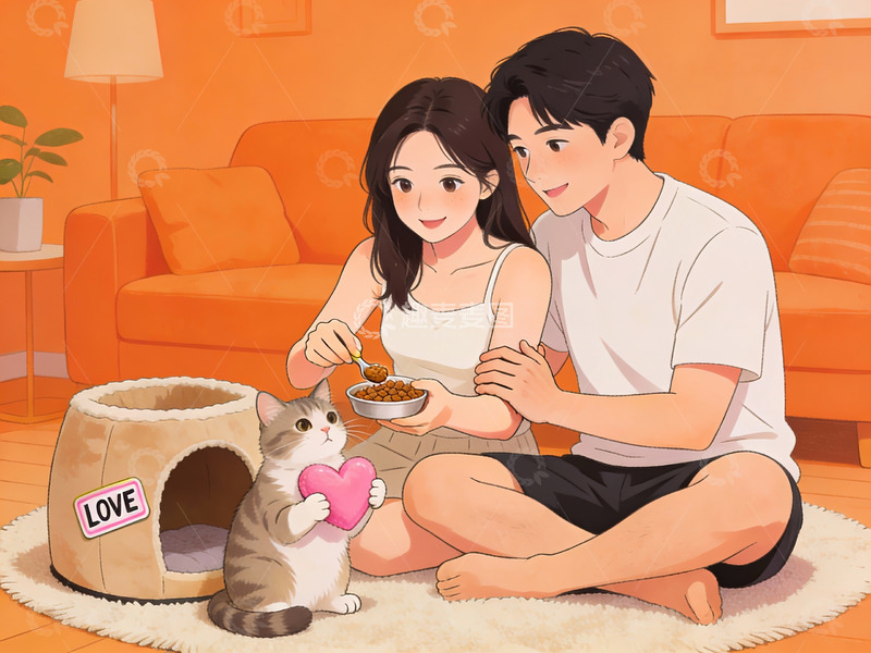 高清大图下载【趣麦麦图】情侣与猫咪温馨共餐