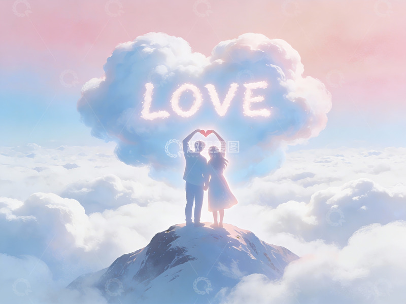 高清大图下载【趣麦麦图】情侣山顶比心云中爱