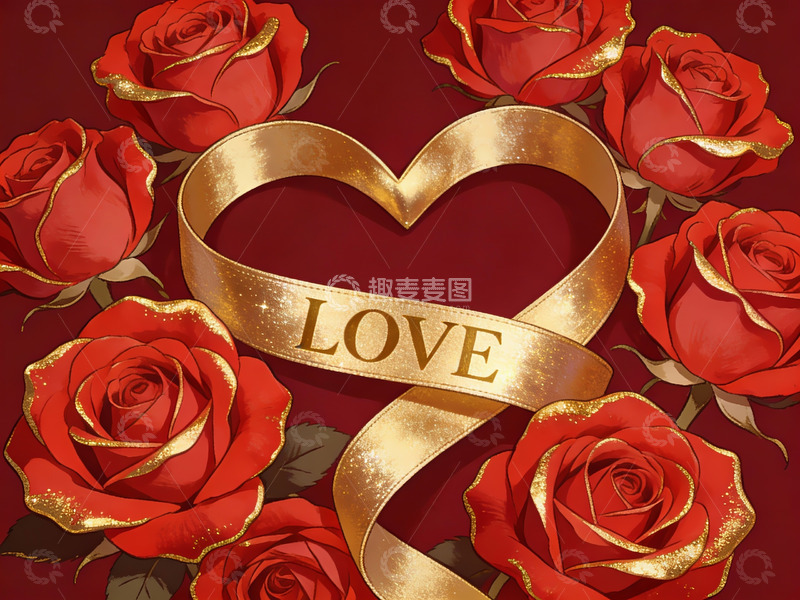 高清大图下载【趣麦麦图】金色丝带心形与红玫瑰