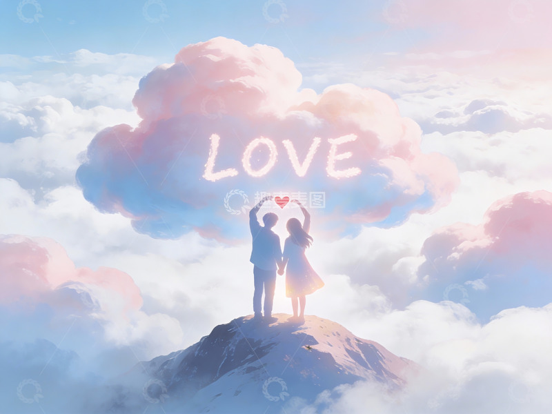 高清大图下载【趣麦麦图】情侣山顶仰望爱心云