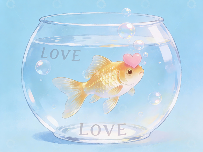 高清大图下载【趣麦麦图】金鱼在印有爱字的鱼缸中游动