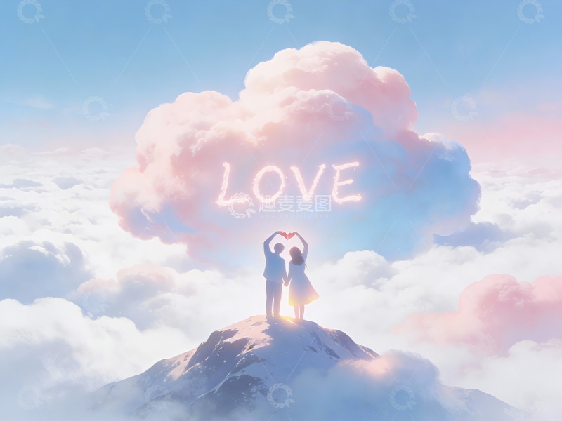 高清大图下载【趣麦麦图】山顶情侣仰望爱心云