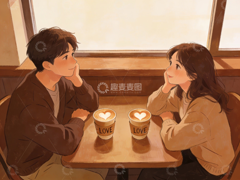 高清大图下载【趣麦麦图】情侣在咖啡馆对坐交谈