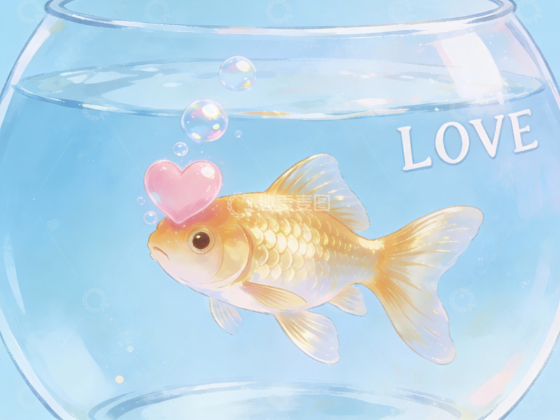 高清大图下载【趣麦麦图】金鱼在水族箱中吐出爱心气泡