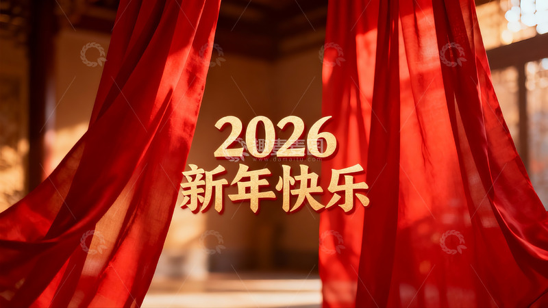 高清大图下载【趣麦麦图】红色帷幕新年祝福画面