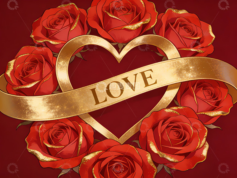高清大图下载【趣麦麦图】金色心形与红玫瑰的爱意图案