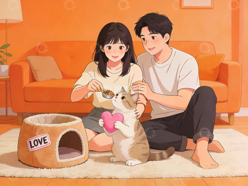 高清大图下载【趣麦麦图】情侣与猫咪温馨互动
