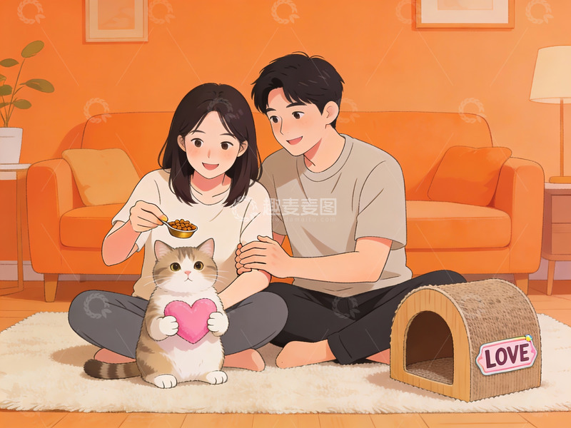 高清大图下载【趣麦麦图】情侣与猫咪温馨居家时光