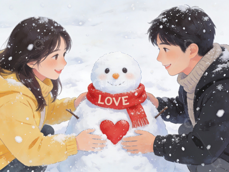 高清大图下载【趣麦麦图】情侣雪中堆雪人