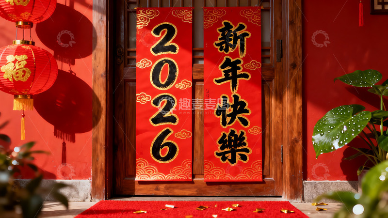 高清大图下载【趣麦麦图】春节红门对联与灯笼装饰