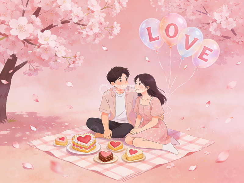 高清大图下载【趣麦麦图】情侣樱花树下野餐