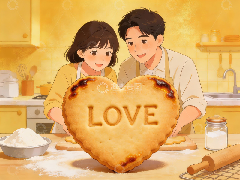 高清大图下载【趣麦麦图】情侣厨房制作爱心饼干
