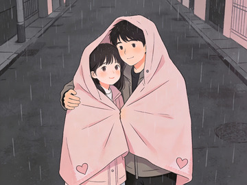 雨中相拥的年轻情侣