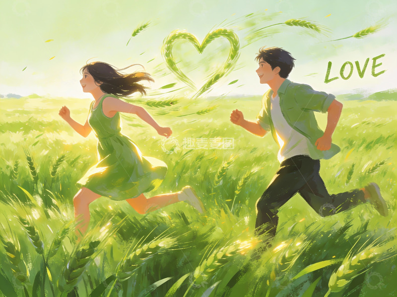 高清大图下载【趣麦麦图】情侣在麦田中奔跑