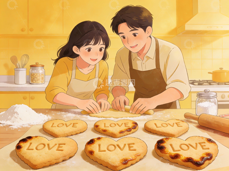 高清大图下载【趣麦麦图】情侣在厨房制作爱心饼干