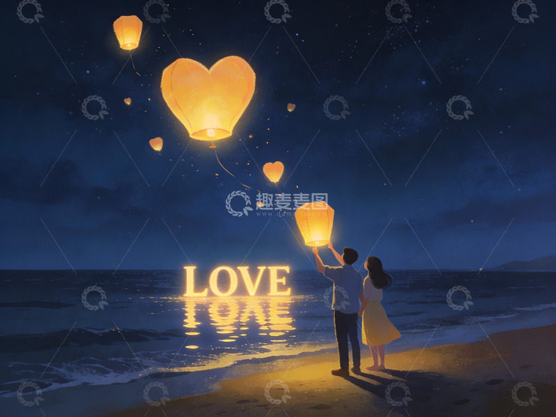 高清大图下载【趣麦麦图】情侣海边放飞心形孔明灯