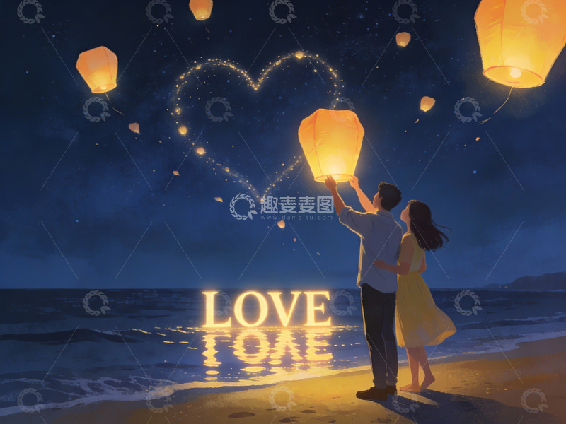 高清大图下载【趣麦麦图】情侣海滩放天灯