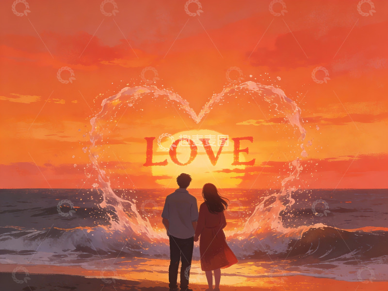 高清大图下载【趣麦麦图】情侣海边日落心形浪花
