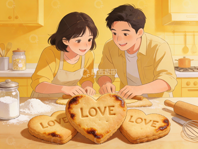 高清大图下载【趣麦麦图】情侣在厨房制作爱心饼干